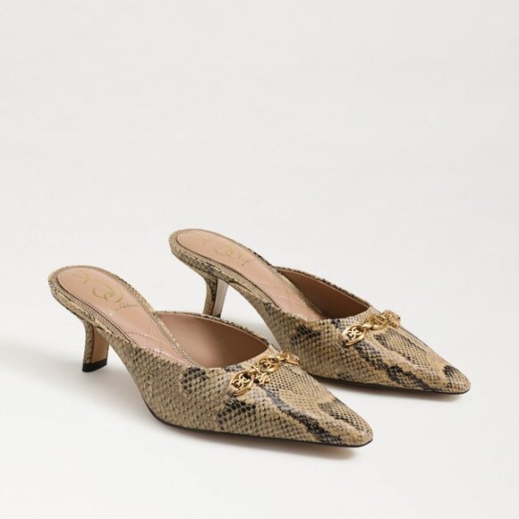 New Sam Edelman Brynne Mule in Golden Tan snake skin kitten heels slipon pointed - Picture 1 of 9